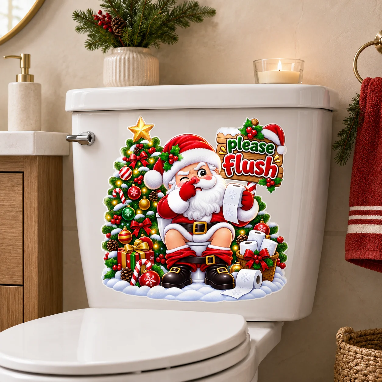 Funny Christmas Toilet Tank Sticker Santa Claus Please Flush Xmas Tree Winter Holiday Bathroom Wall Decal Decor