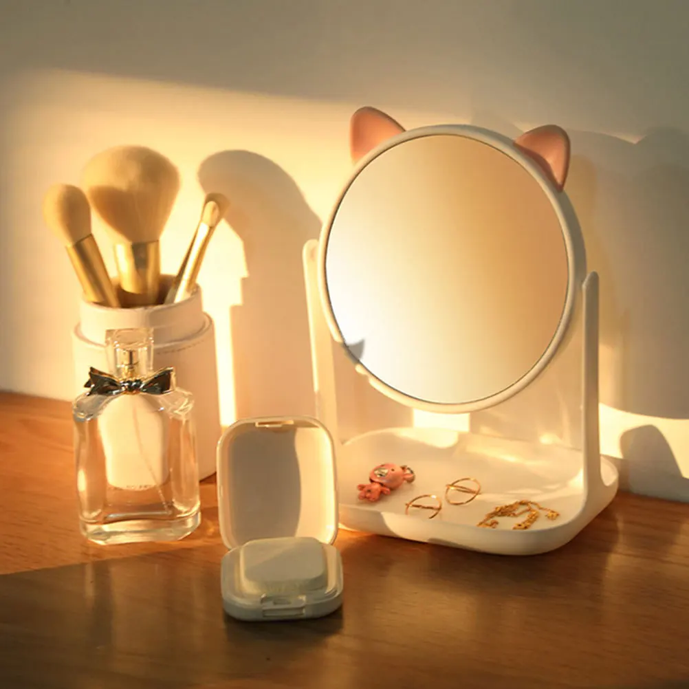 1 قطعة مرآة لوضع مساحيق التجميل سطح المكتب البلاستيك بناء صينية تخزين المرآة البالونية 360 درجة للتدوير سطح أملس انعكاس واضح #5