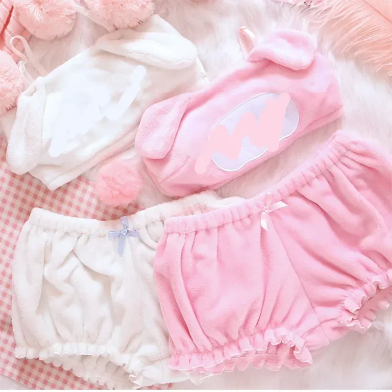 أنيمي تأثيري Kawaii المخملية صديرية دائرية مجموعة بناطيل رجالي ملابس داخلية رائعة طويلة الأذن هزلي لطيف البرازيلي البنطلونات بيجامة مجموعة للفتيات النساء E