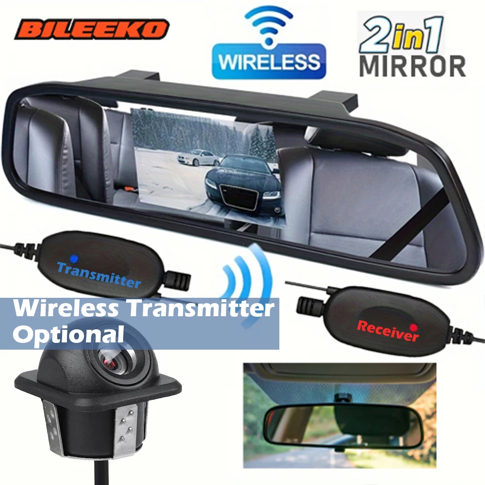 

Bileeko Car Inside Mirror Rear View 2 in 1 Backup Camera Reverse Parking Kit with Wired Cable/Wireless Transmitter Optional