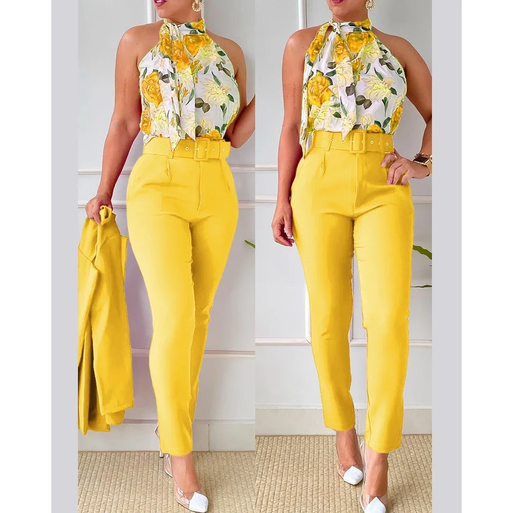 2024 Summer Women Floral Print Halter Tank Top High Waist Pants Set with Belt Female O-Neck Two Pieces Suit Set Workwear Outfits