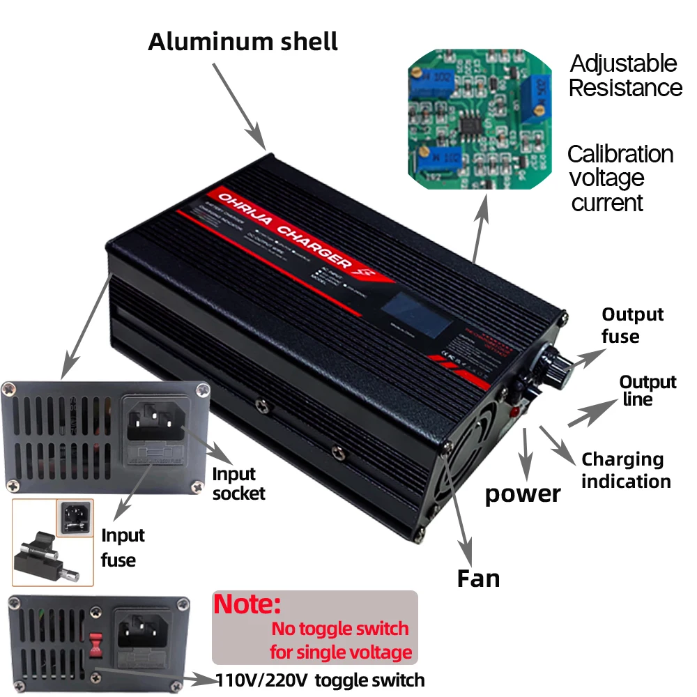 Ładowarka OHRIJA 42V 6A Inteligentna aluminiowa obudowa nadaje się do ładowarki 10S 37V Akumulator litowo-jonowy Lipo Wyświetlacz OLED Szybka