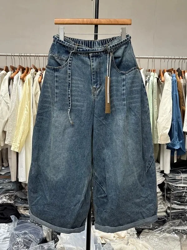 Calças Jeans de Cintura Alta e Perna Larga Unissex, Calças Jeans Casuais Lavadas de Comprimento Nove Pontos com Cinto, Design de Um Botão, Jeans de Ca