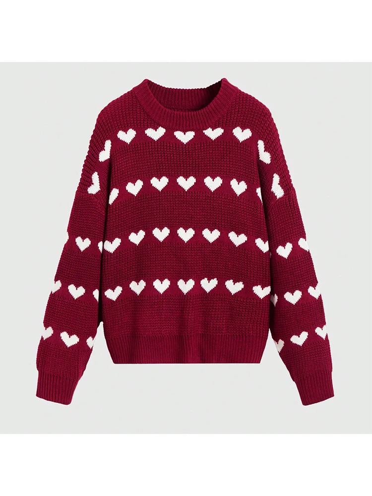 

Women Love Pattern Knit Pullover Sweater, Casual Crew Neck Long Sleeve, Suitable For Autumn/Winter Valentine's Day