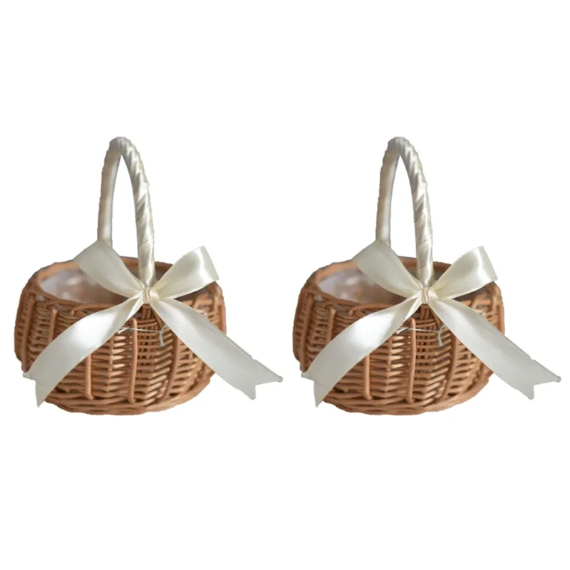 

2Pcs Woven Flower Basket Rattan Storage Basket Flower Girl Hand Basket Handmade Flower Basket with Bow,Small