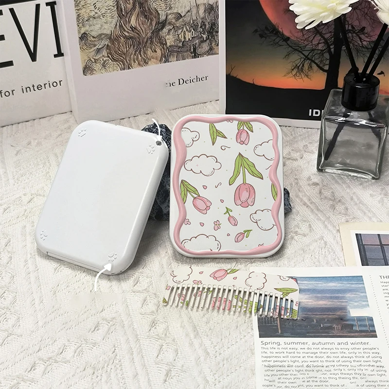 Floral Flip-Top Folding Makeup Mirror – Portable Rectangle Cosmetic Mirror with Built-in Comb for Women