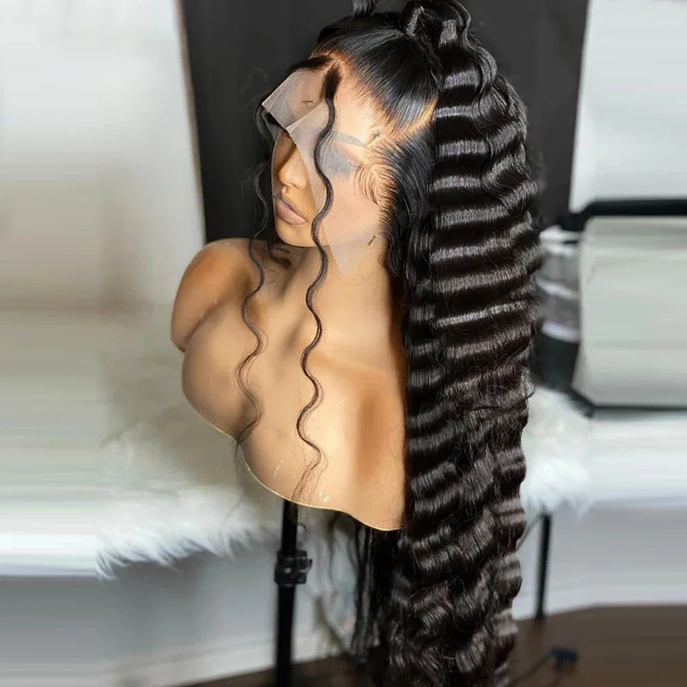 Peluca frontal de encaje de onda profunda para mujer, pelo de bebé sintético suave, negro Natural, 26 ", rizado, 180de densidad, predesplumado, resistente al calor, sin pegamento