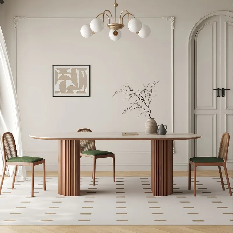 French vintage style solid wood dining table, travertine sintered stone oval home use horizontal hall travertine sintered stone