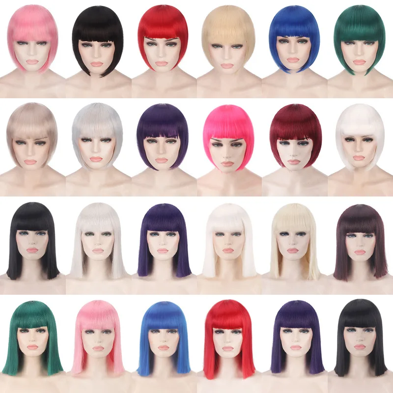 

Synthetic Short Bob Wig with Bangs Colored Green Blue Pink White Black Red Gray for Women Party Cosplay Nightclub Daily Wear