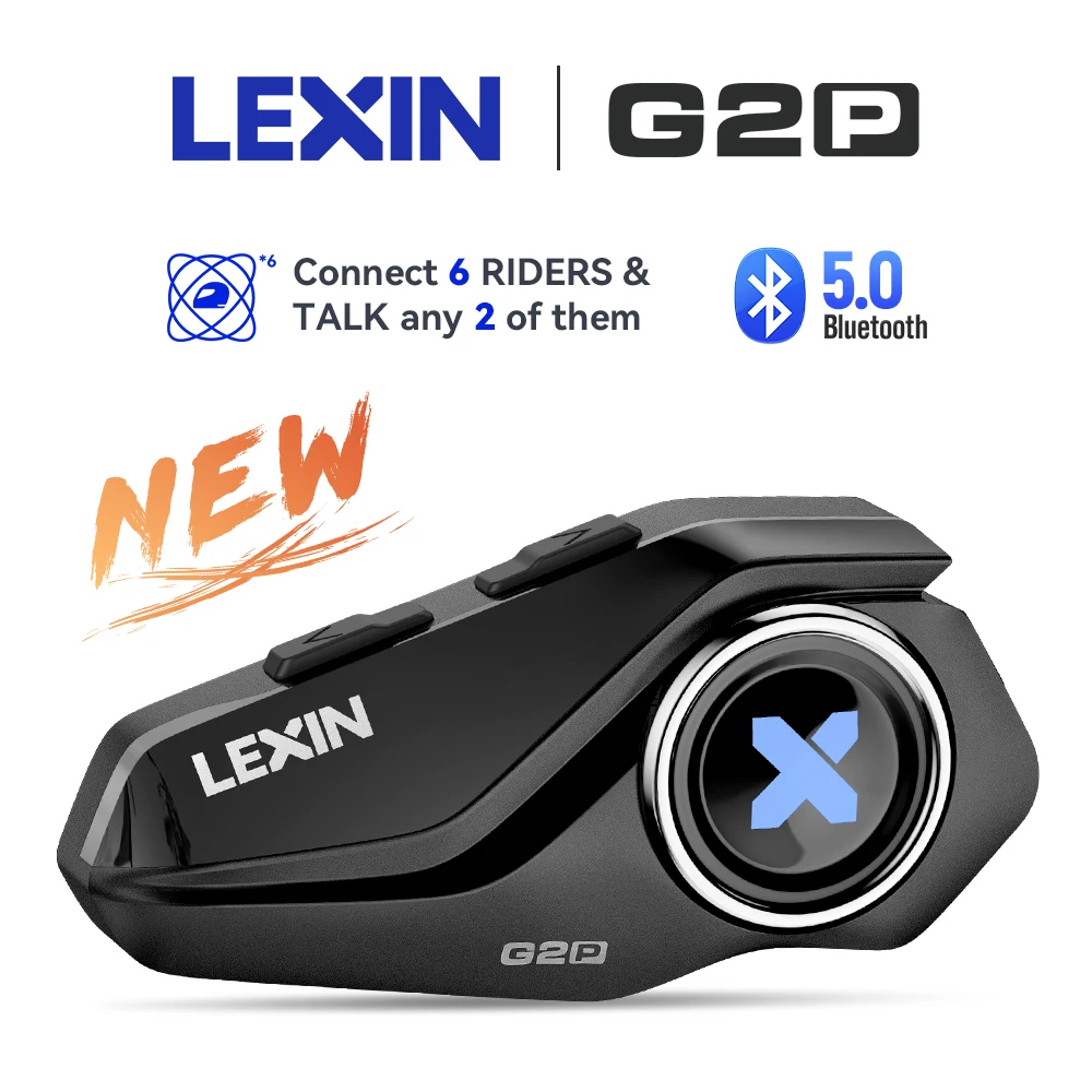 Interfono Lexin G2P per casco da moto, auricolari Bluetooth, comunicatore vivavoce fino a 6 motociclisti, interfono con FM