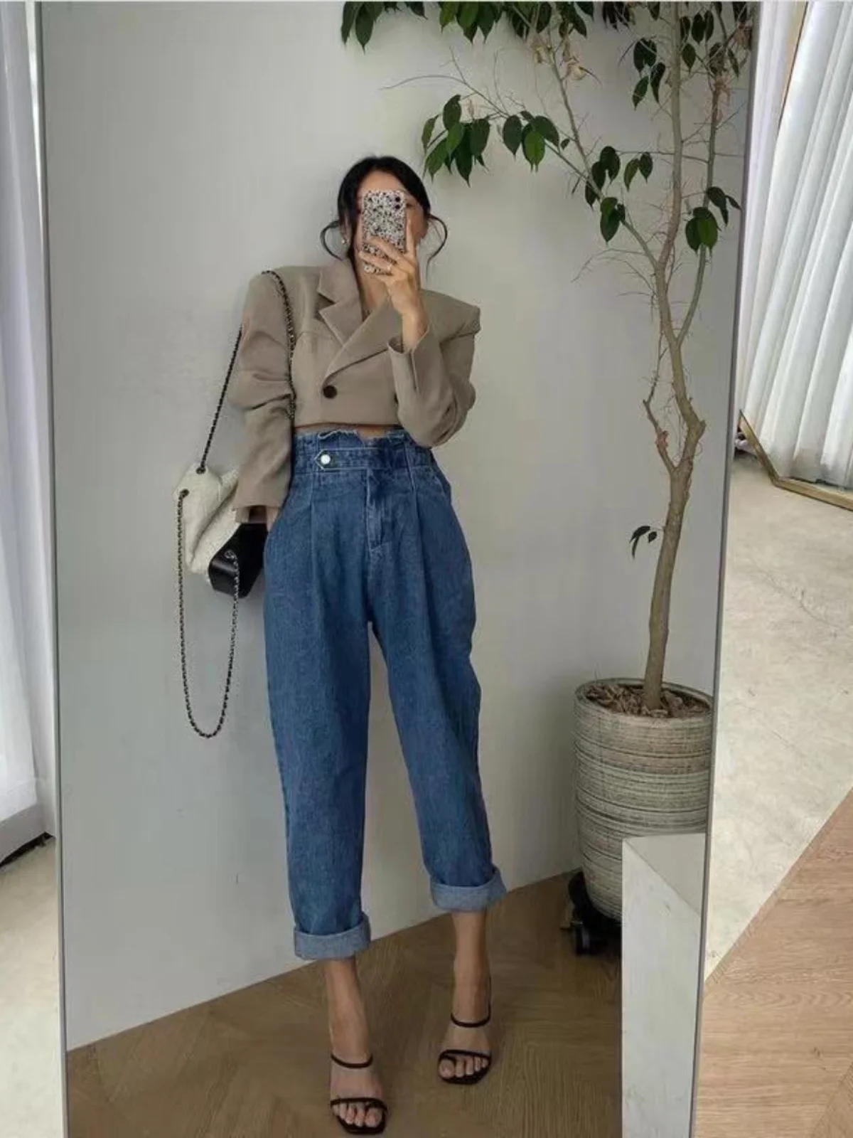 

Retro Waed High Waist Elastic Women's Jeans Flud Loose Fit Harlan Long Pants Autumn Season Regular Thin