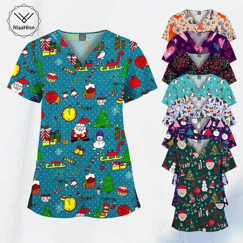 Imagen 1 del producto Uniforme de enfermería con estampado navideño, camiseta de manga corta con cuello en V, Tops de moda, Spa de belleza, venta al por mayor, nuevo