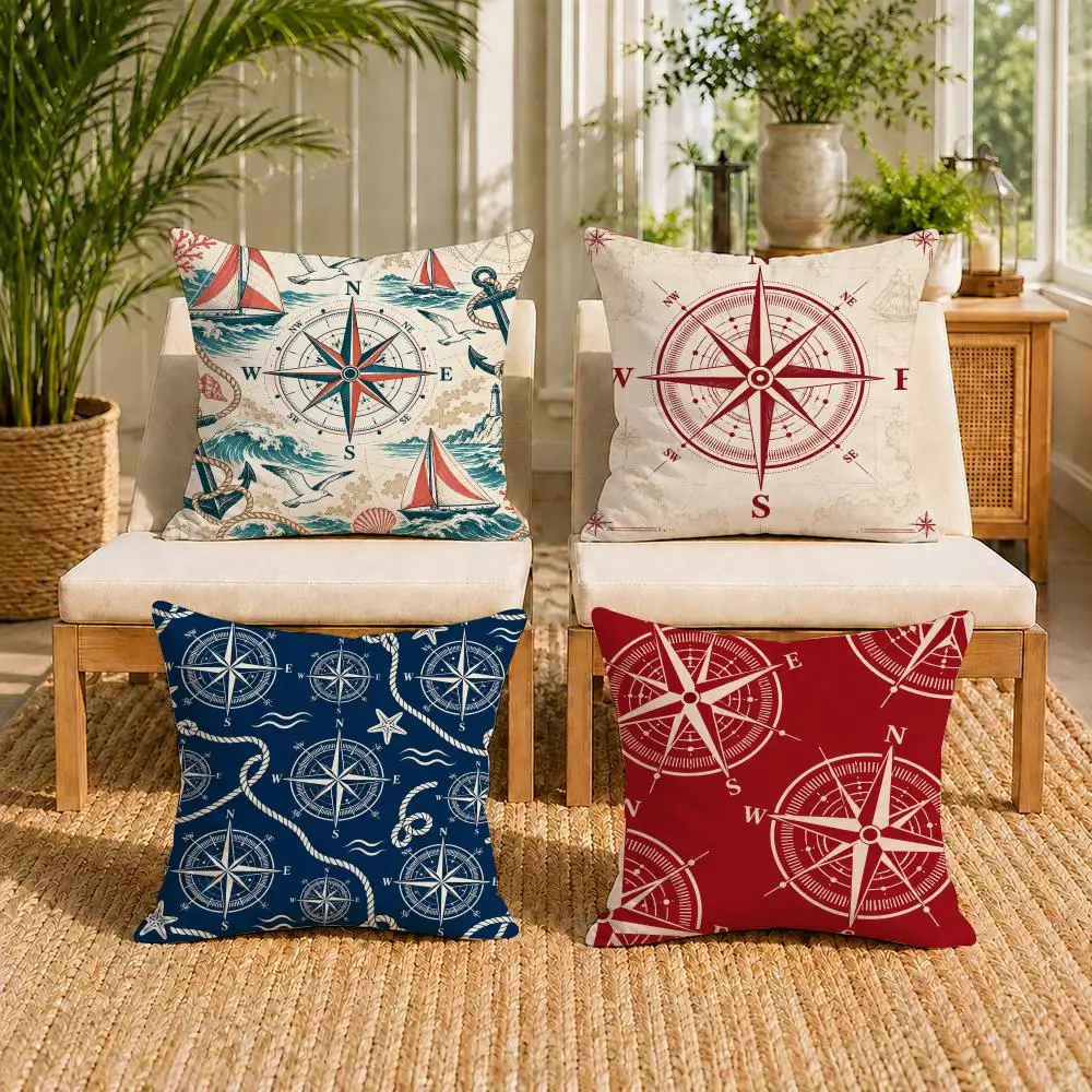 Nautical Compass Print Cushion Cover Double-Sided Plush Sofa Cushion Covers Organic Breathable Invisible Zipper