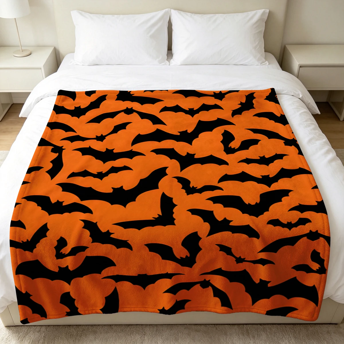 Orange Bat Group Flannel Blanket Warm Soft Halloween Christmas Decorative Couch Warm Cozy All-Season Gift
