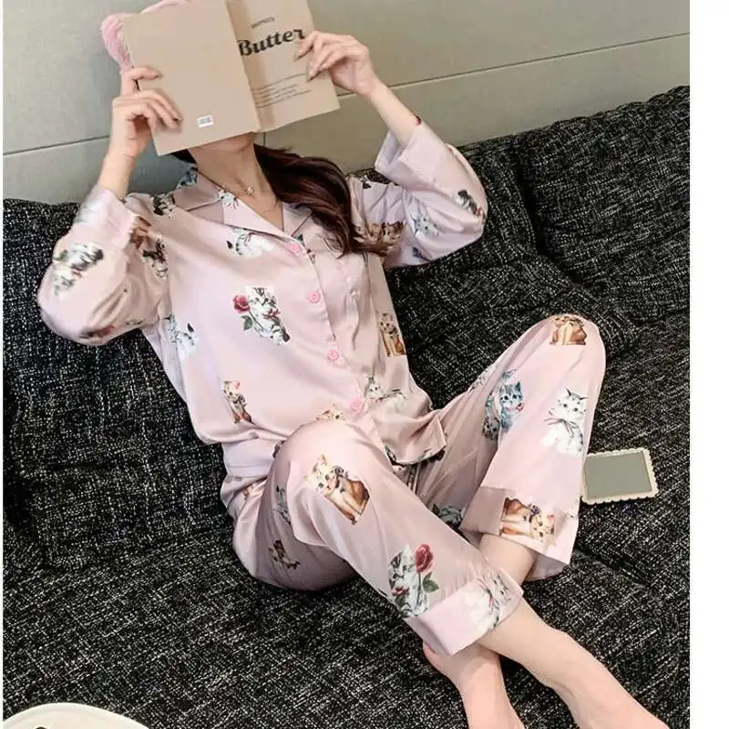 2024 New Animal Cartoon Ice Silk Two Piece Set Pajamas Women High-end Long Sleeved Pants Nightgown Sleepwear Rabbit Nightwear
