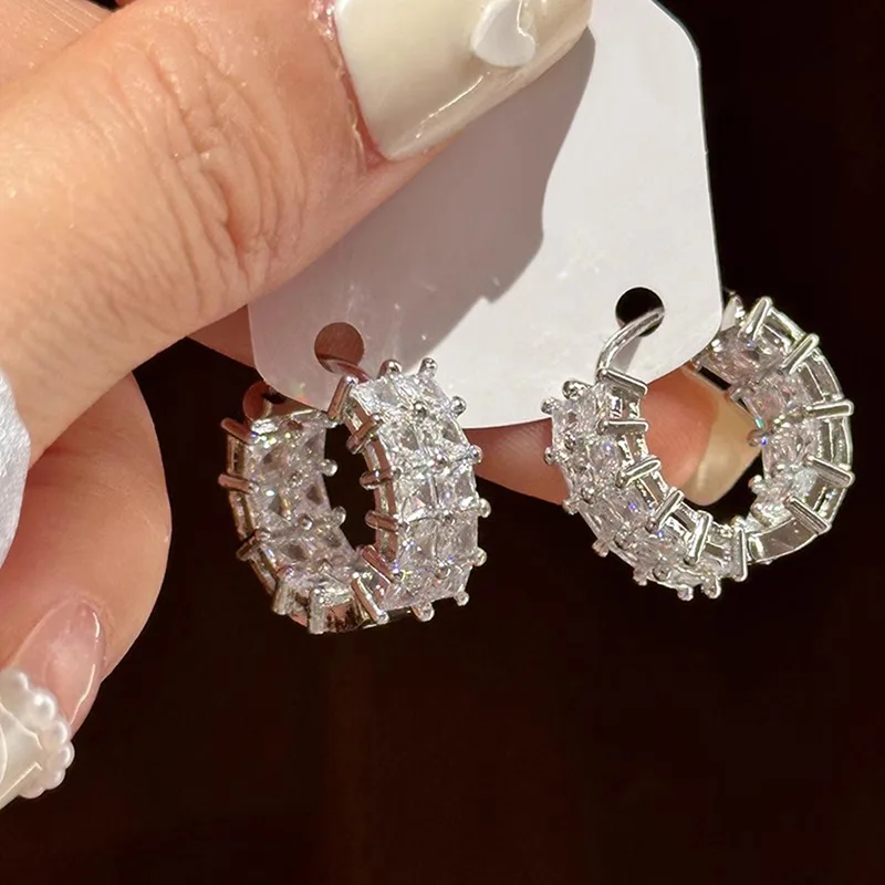 Fashion Female Earrings 925 Sterling Silver Princess Double Square Cubic Zircon Earrings