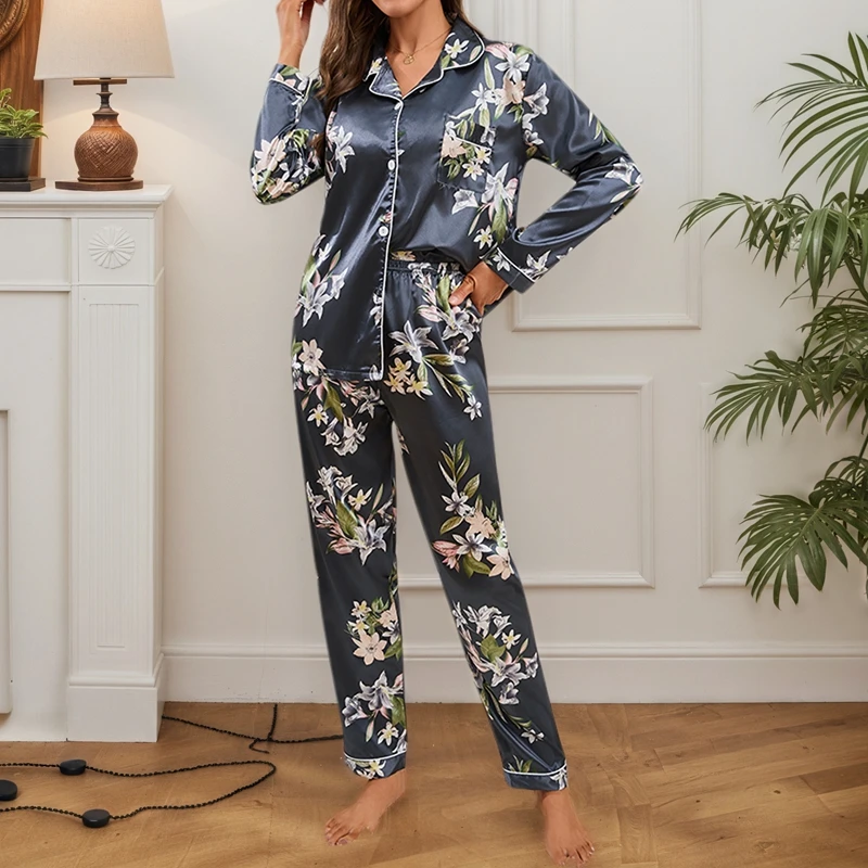 Elegant Lily Print Silk Pajama Set Long-Sleeve Chest Pocket Lapel Top And Elastic Pant Women's Sleepware Loungewear Autumn Comfy
