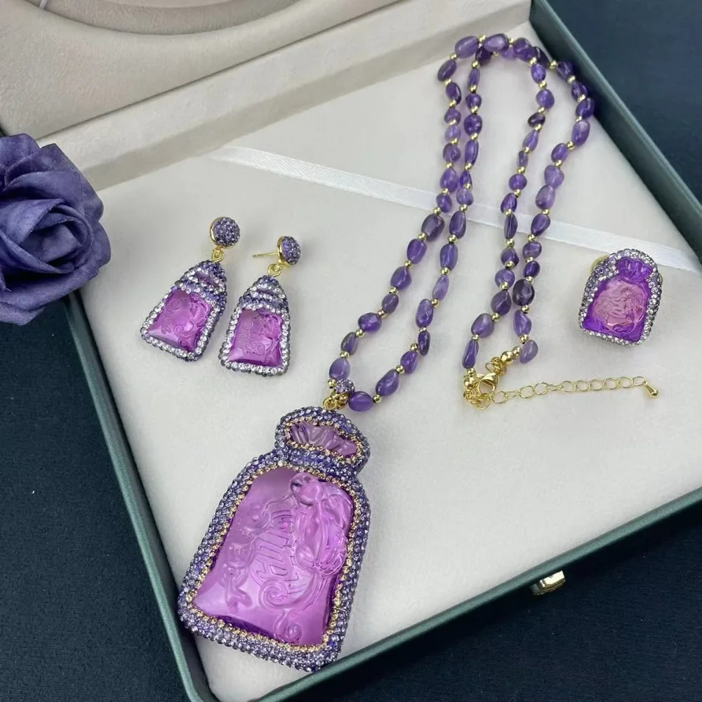 

New Synthetic Amethyst Money Bag Pendant, Necklace, Earrings, Rings, Women's Jewelry Set, Ladies' Clothing Matching Accessories