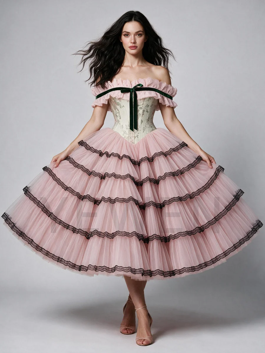 Pink Off-Shoulder Floral Princess Dress with Black Lace Trimmed Tiered Skirt WT268022