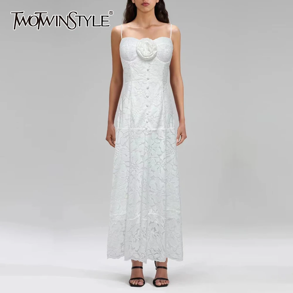 TWOTWINSTYLE Slimming Printing Spliced Button Elegant Dress for Women Strapless Sleeveless Patchwork 3D Flower Dress Female New