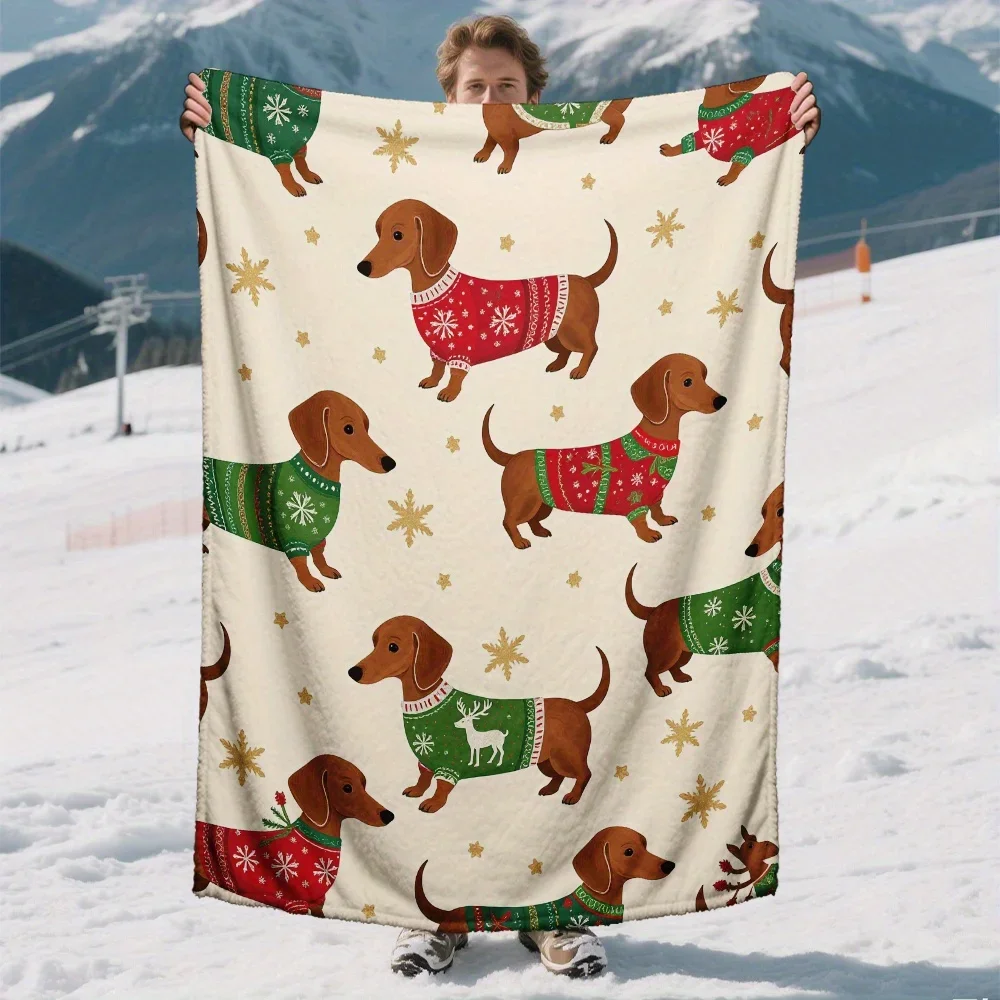 Customization 1pc, Ultra Soft Christmas Blanket With Christmas Dachshund Sweater Pattern, Suitable For Office Breaks, Pet Beds O