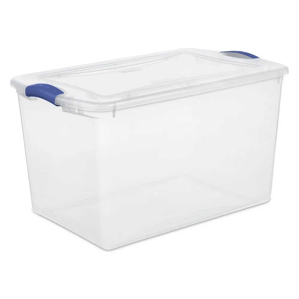 Caixa de Armazenamento Plástica Grande e Transparente com Tampa com Fecho, 66 Quartos, Azul, Empilhável para Organização Doméstica