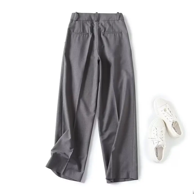 Dave&Di  French Lazy Light Gray Simple Suit Trousers Retro Style High Waist Loose Boyfriend Casual Pants For Women