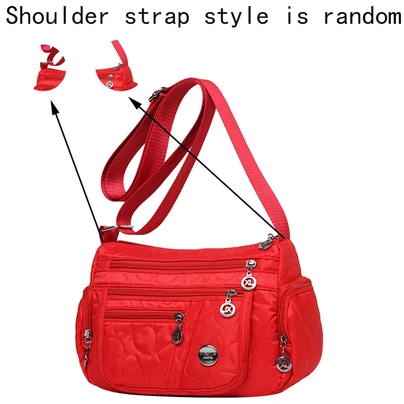 Schicke, verzierte Damen-Umhängetasche für den täglichen Pendelverkehr. Stilvolle, leichte, lässige Nylontasche mit Herzdetail und mehreren Taschen – Detail 5