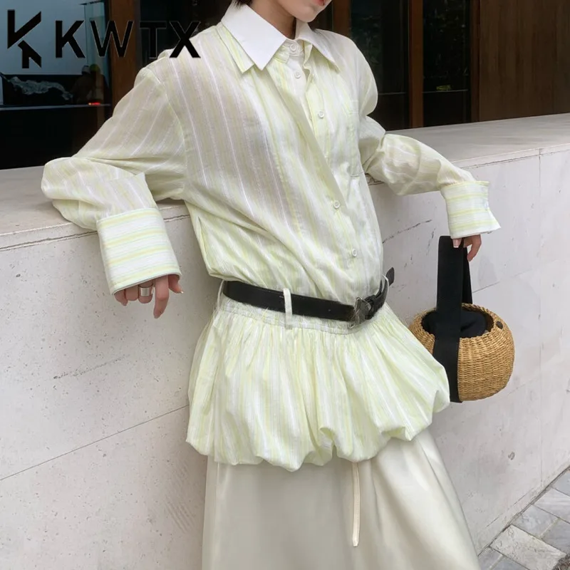 

KWTX Trendy 2025 Striped Blouse with Belt Puffy Hem Streetwear Chic Casual Spring Summer Fashion High Quality