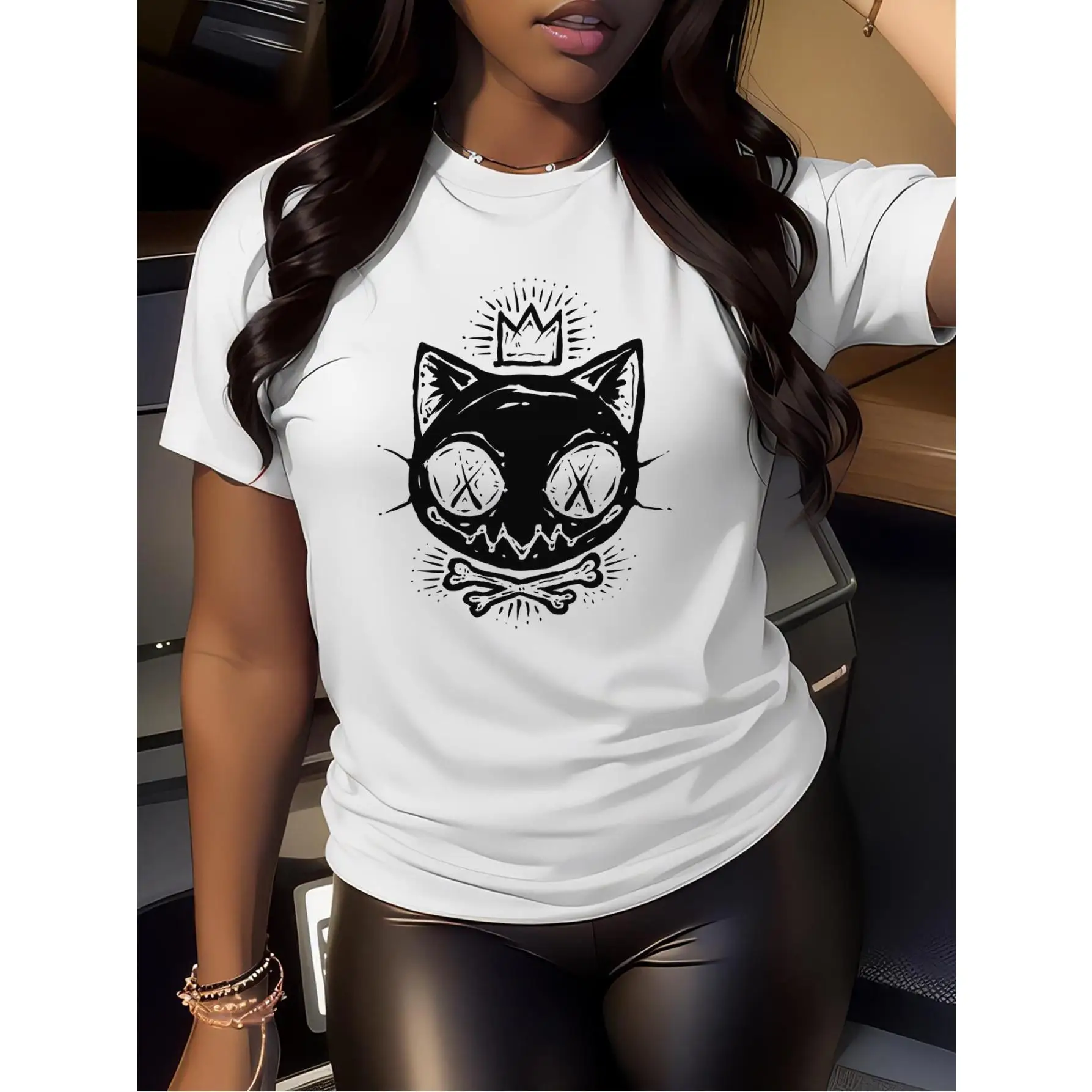 

Punk Skull Cat Graphic T-Shirt Women’s Casual Streetwear Tee with Crown Print for Music Festival or Summer Outfit