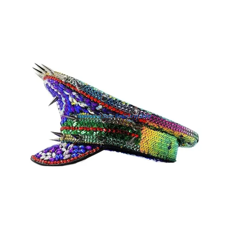 573B قبعة بحرية متلألئة مع أحجار الراين قبعة دش الزفاف العازبة حفلة برشام رصع الكابتن قبعة المرأة صور قبعة