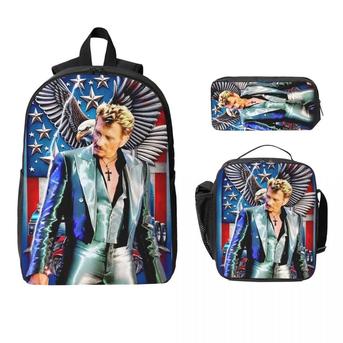 

French Rock Legend Johnny Hallyday Backpack Boys Girls BookBag School Bag Shoulder Bags 3ps Insulated Lunch Bag Pencil Case