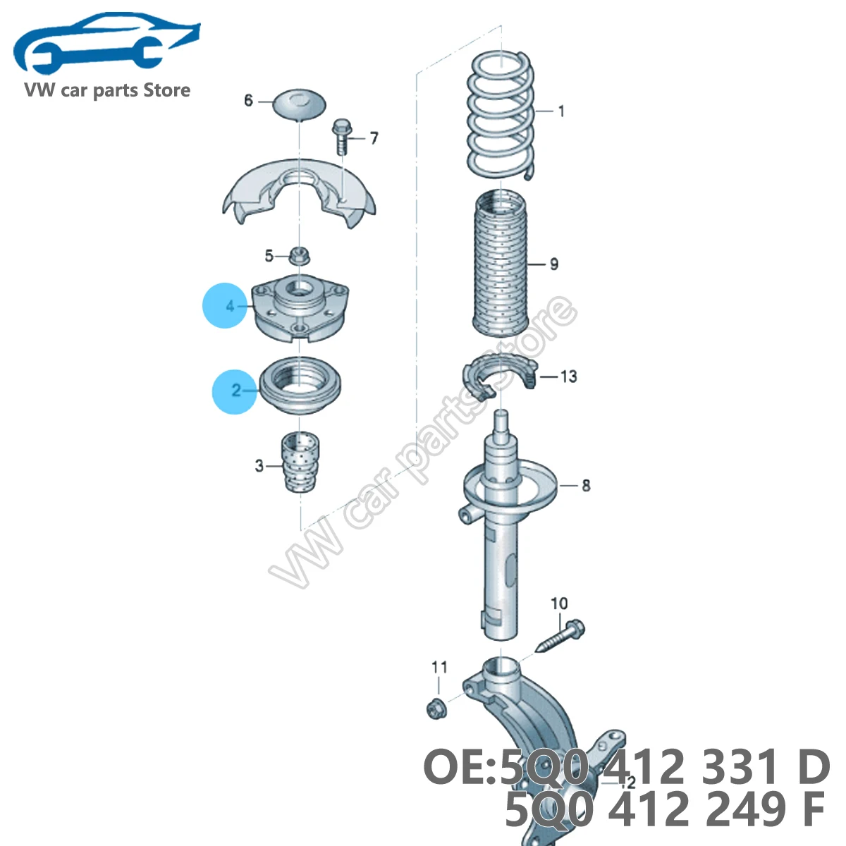 2PCS 5Q0412331D 5Q0412249F Front Shock Absorber Strut Mount and Flat Bearing for Golf MK7 A3 TT etc MQB Model 5Q0 412 249F