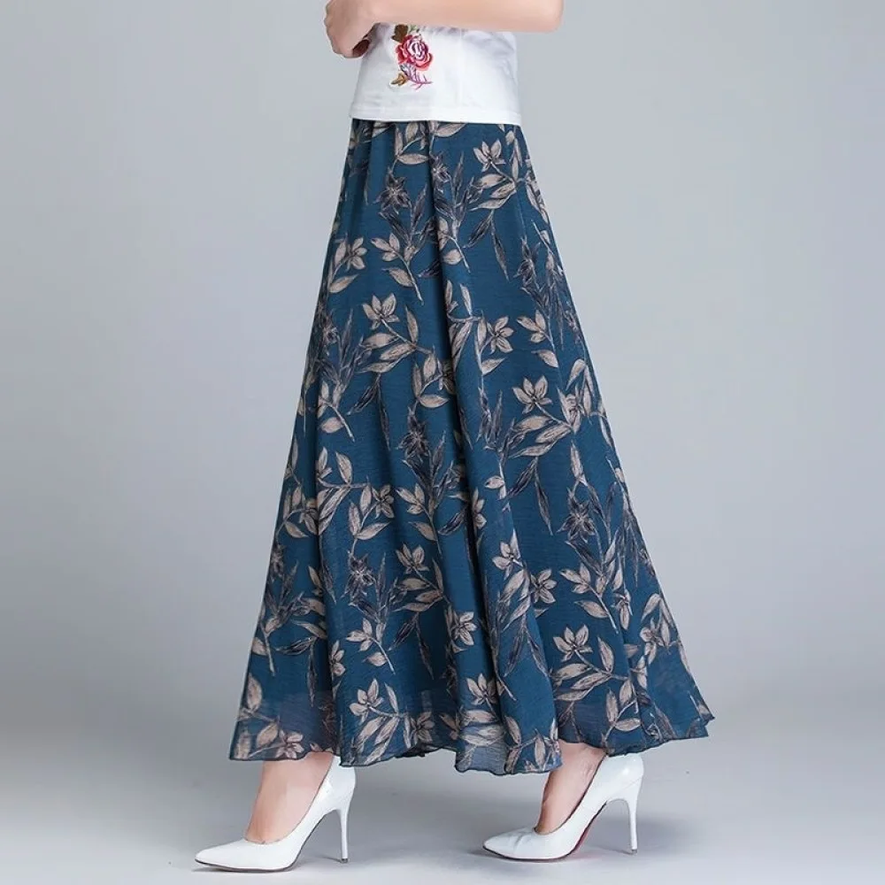 Plus Size Womens Chiffon Floral Print Skirt Summer Boho Elegant Long Maxi Skirt High Waist A Line Casual Fashion Bottoms