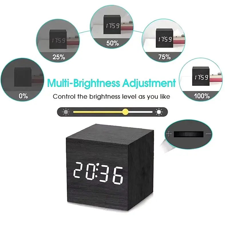 ABGG-Wooden LED Digital Alarms Clock Square Shape Retro Style Luminous Clock Bedside Table Desktop Mini Digital Clock