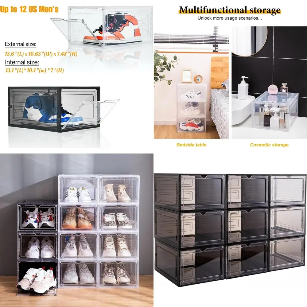 

Stackable Clear Plastic Shoe Organizers with Magnetic Doors and Drop-Front Display, 9-Pack (Clear Black)