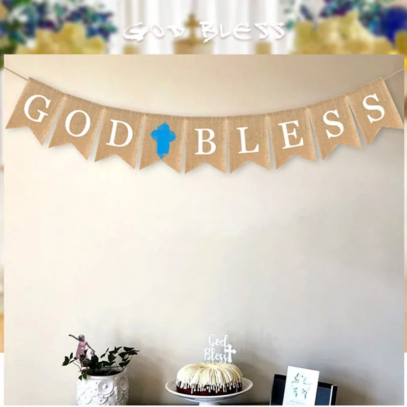 GOD BLESS Streamers Banners Baby Baptism Communion Party Banners Burlap Dovetail Pull Flag Baby Baptismal Party Decor Supplies