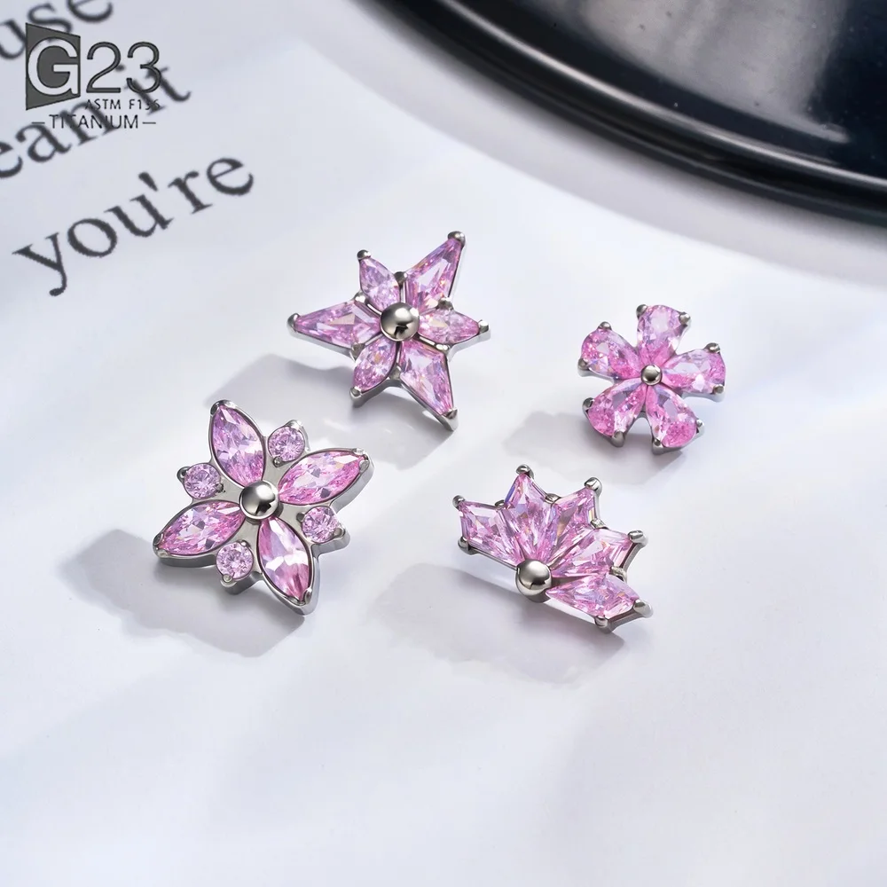 G23 Titanium Labret Lip Stud Pink Zircon Multi‑Shape Flower Snowflake Star Top Internal Thread Cartilage Tragus Piercing Jewelry