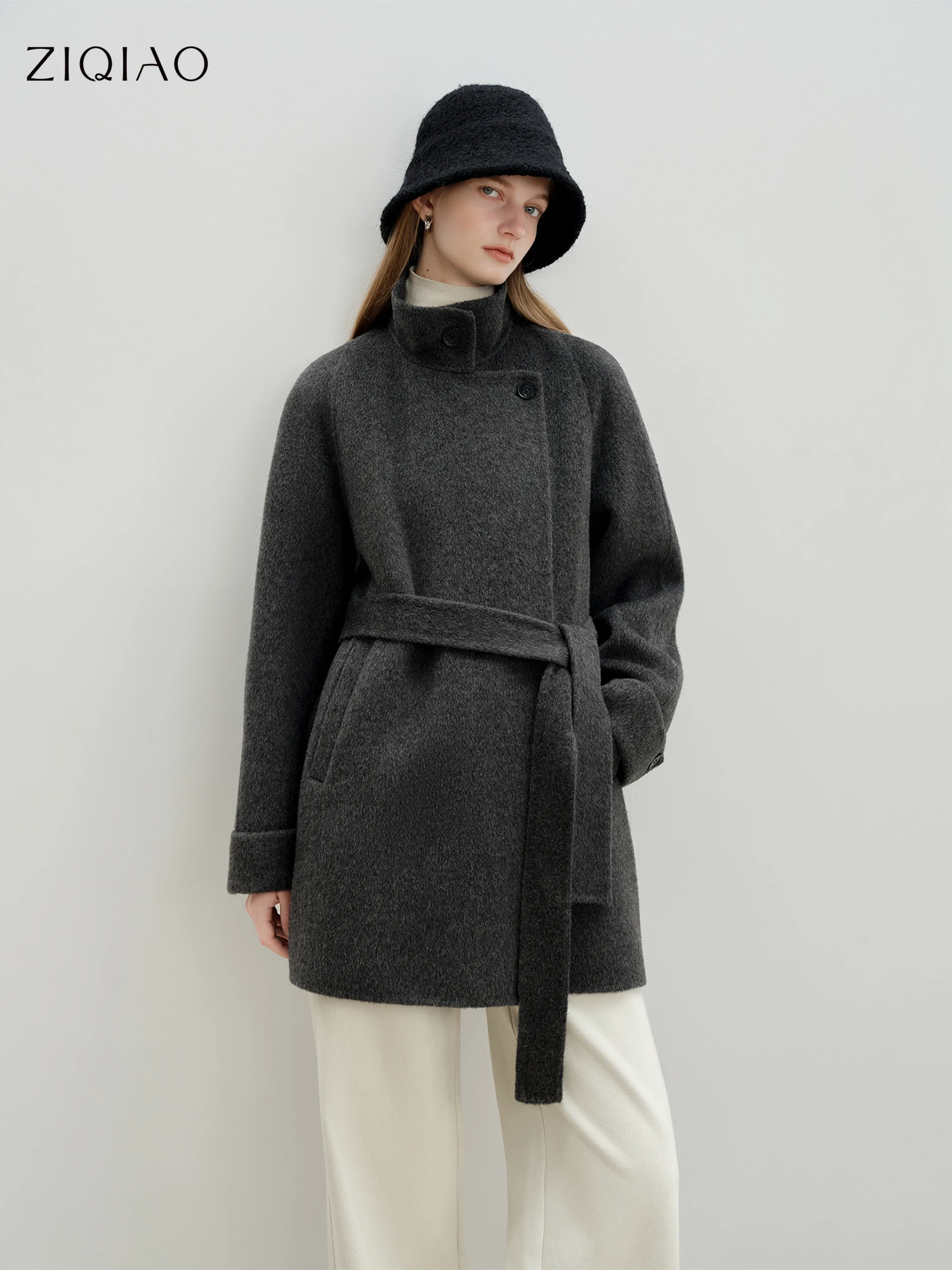 

ZIQIAO Gray Wool Coat Women Lace-up Loose French Style Temperament Simple Chic Ins 2025 Winter New Short Woolen Coat