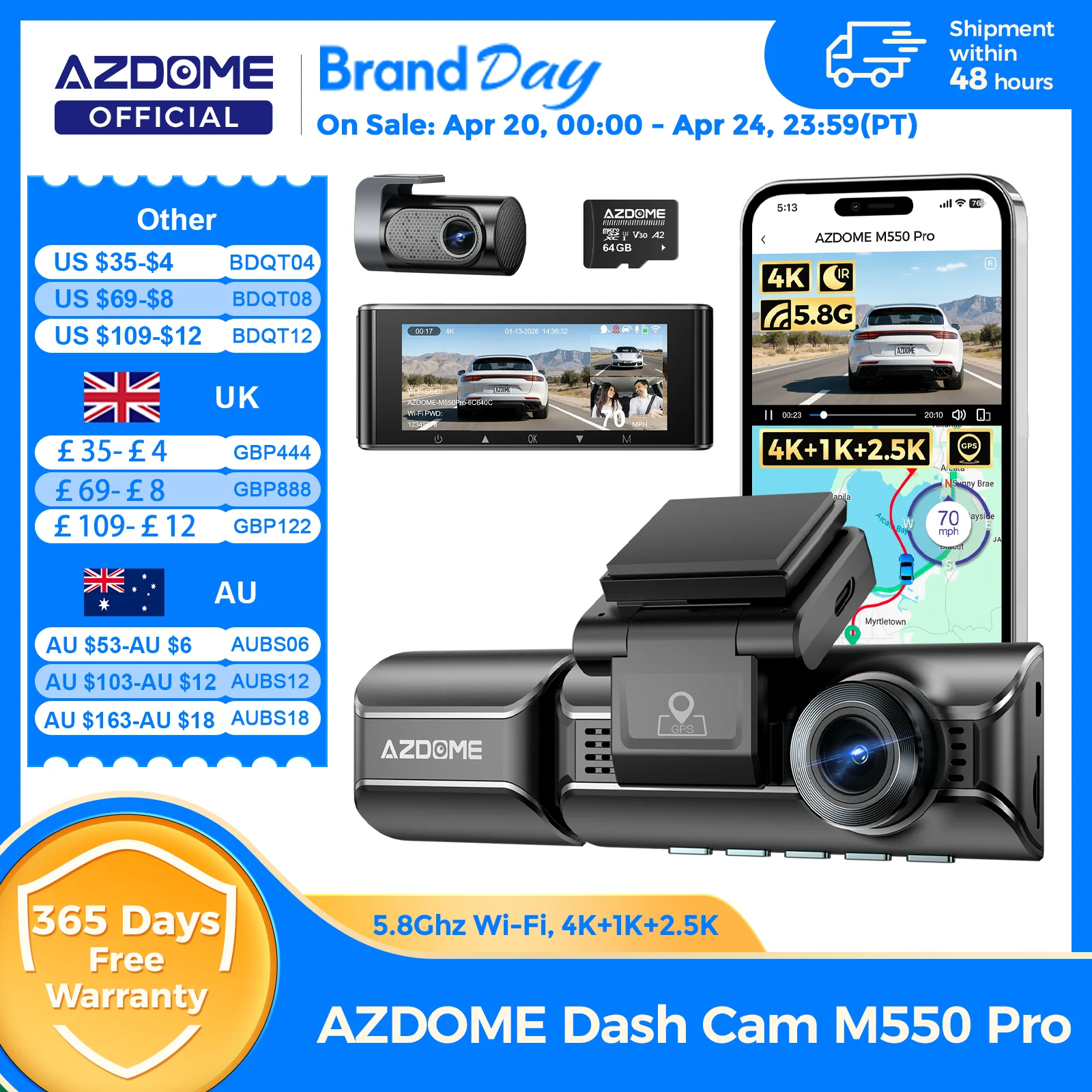 שדרוג מצלמת רכב AZDOME M550 Pro Dash Cam 4K קדמית Dashcam Auto 5.8Ghz Wi-Fi GPS G-sensor Car DVR 6 IR ראיית לילה מוניטור חניה