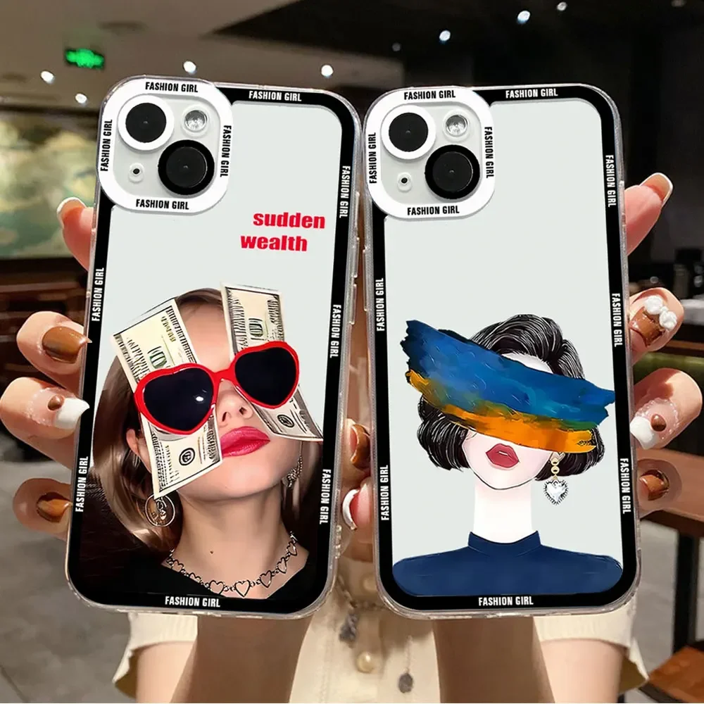 Cute Cartoon Sunglasses Girl Phone Case for IPhone 16 14 13 12 11 15 Pro Max Mini Plus XS XR X  Soft Cover Abstract Fundas