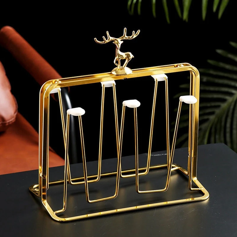 

Сушилка для чашек, сушилка для бутылок, органайзер для кружек и стеклянных бутылок с 6 чашками и силиконовыми защитными крючками, прочный и простой в использовании золотой