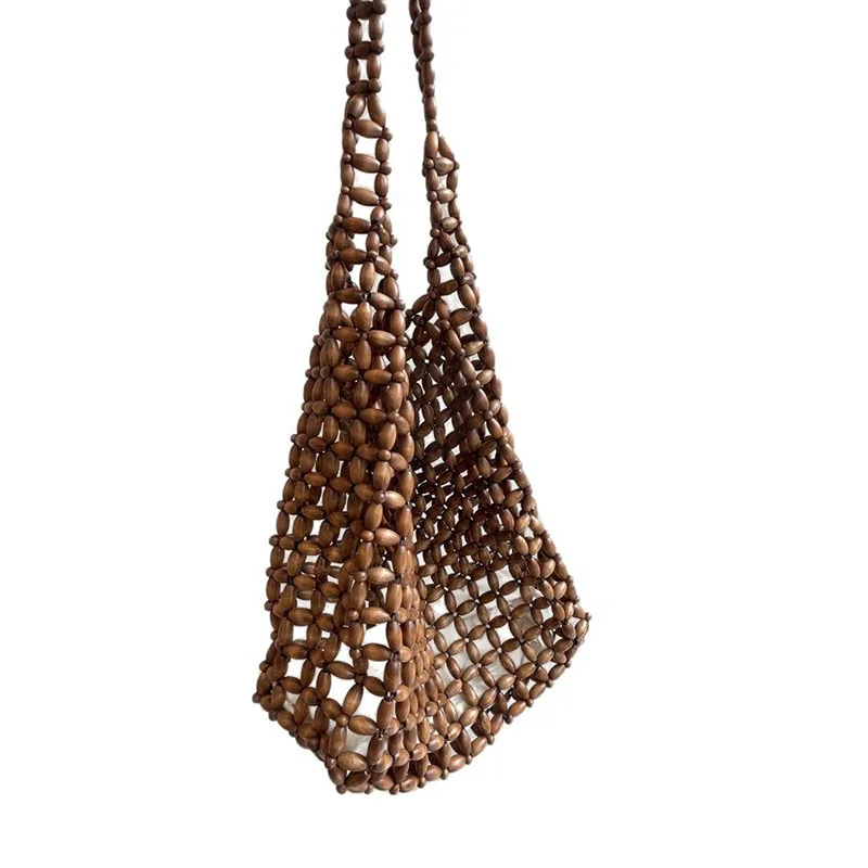 HIGHREAL Handmade Wooden Bead Woven Handbag Vintage Double Bamboo Handle Hollow Bucket Bag Large Capacity Commuting Women Cluth