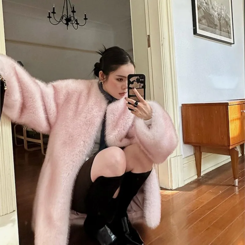 Winter CHIC O neck Pink With Gray Fox Faux Fur Coat Women Full sleeve Warm Shaggy Oversized Jacket Loose BF Outerwear Yellow