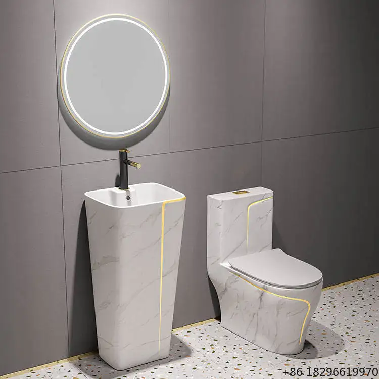 Luxury Siphonic Flush One Piece Ceramic Toilet Sink Set Black White WC for Home Hotel Bathroom