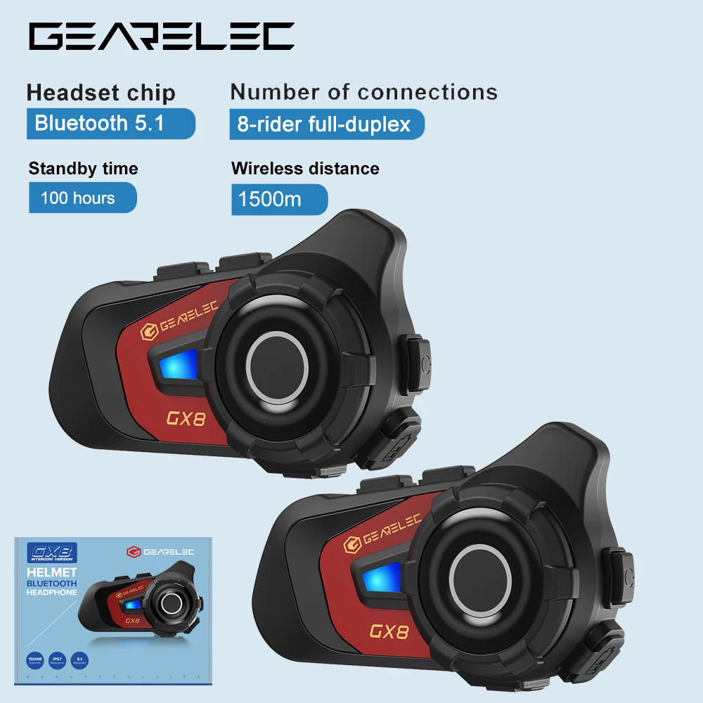 

GEARELEC GX8 Motorcycle Bluetooth Intercom Music Sharing 1500m 8 Riders Group Helmet Communication Speaker Headset Interphone