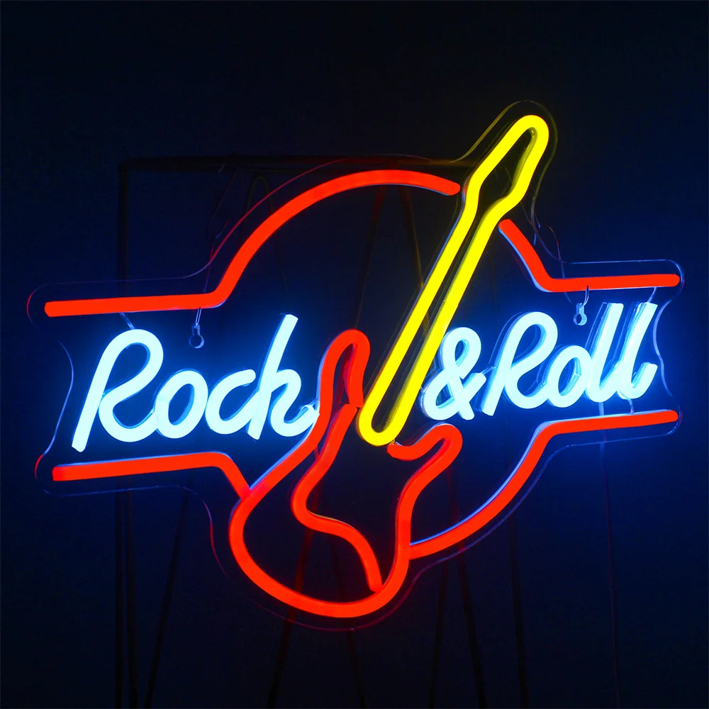 Rock Roll Neon Signs Guitar Music Led Neon Light Art Wall Decor for Game Room Music Party Rock Studio Bar Disco Party Neon