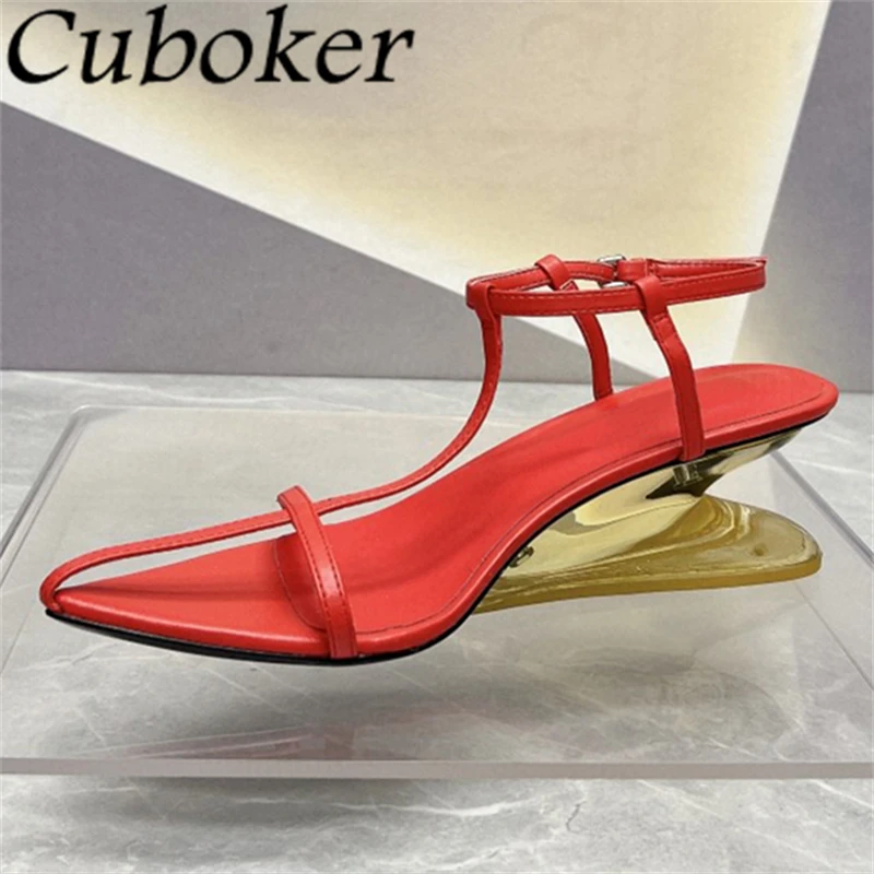 

2024 Summer Fashion Clear Mid Heel Sandals For Women Pointed Toe Narrow Band Leather Rome Sandals Sexy Party Dress Shoes Femme