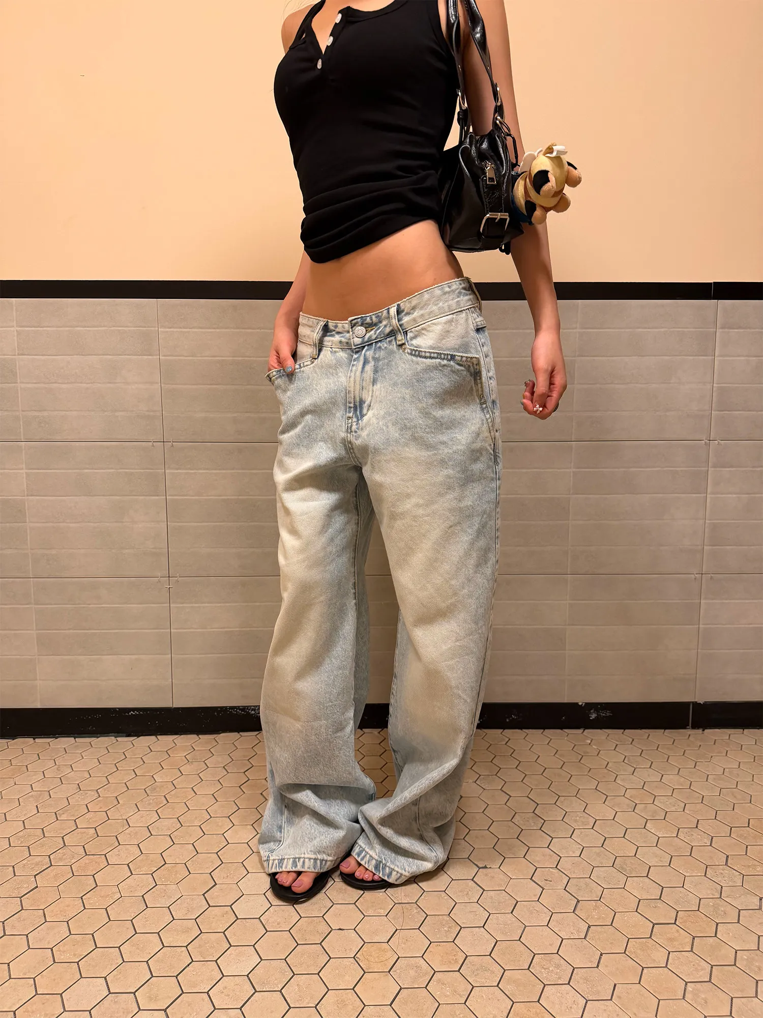 Women American Retro Light Washed Distressed Jeans Y2K Low Rise Draping Wide Leg Straight Pants Loose Casual Denim Trousers
