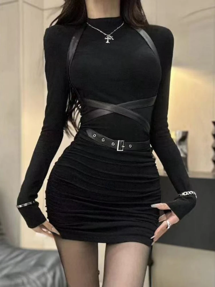 2024 Autumn Gothic Y2k Slim Dress Women Aesthetic Black Long Sleeved Streetwear Clothes Korean Fashion Patchwork Design Dresses